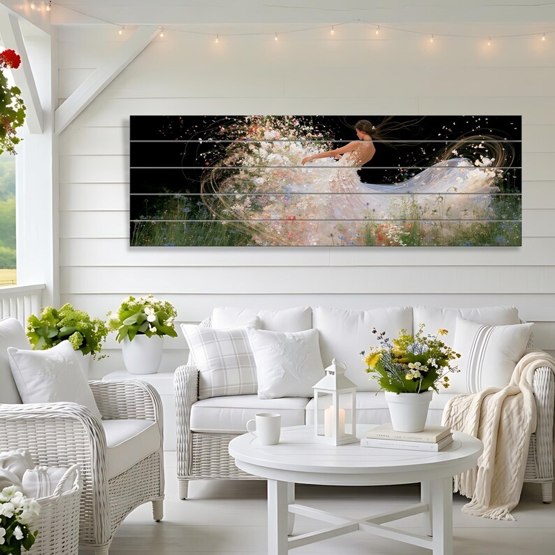 Flower Wedding Dress Print on Wood, Ethereal Bride in Garden, Romantic ...