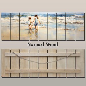 Rustic Wood Wall Art – Kids on the Beach Painting Printed on Natural Wood, Soft Tones Beach Cabin Wall Decor, Rustic Kids Room Decor