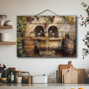 Vintage Wine Barrels and Wine Fountain Painting Printed on Natural Wood, Rustic Wine Wall Art, Winery, Wine Shop Wall Decor, Wood Wall Art