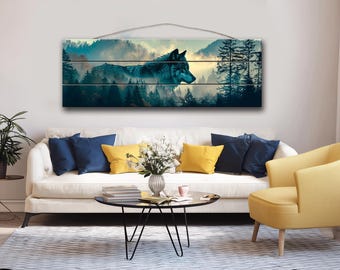 Wolf Silhouette in Forest Print on Natural Wood – Abstract Wall Art