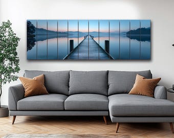 Impresión de muelle de madera sobre madera natural: arte mural rústico de lago