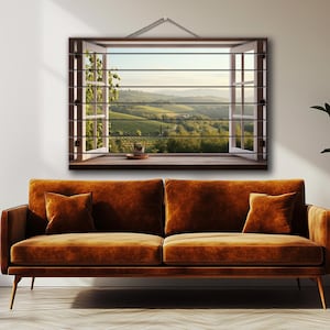 Wood Wall Art - Open Window with Tuscany Landscape Print on Natural Wood, Tuscany Painting, Mountain View in Interior, Italian Wall Art