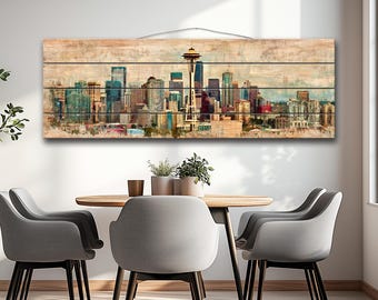 Seattle Skyline Print on Natural Wood, Seattle Wall Art