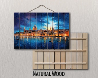 Wooden Wall Art - Rustic Valletta Skyline Print on Wood, Valletta Wall Art, Valletta Painting, Malta Print, Rustic Malta Wall Decor