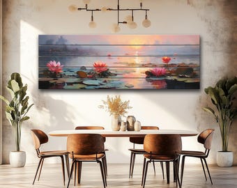 Water Lilies on the Lake Painting Printed on Natural Wood, Nature Wall Art, Nature Landscape Rustic Wood Print