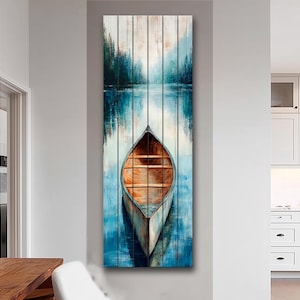 Wood Wall Art - Canoe Lake Painting Printed on Natural Wood – Tranquil Nautical Scene – Rustic Nature Wall Print