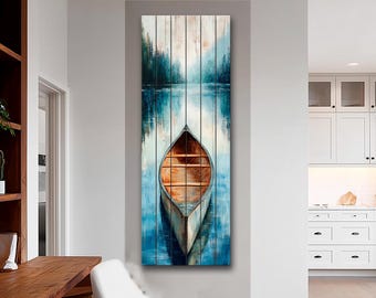 Wood Wall Art - Canoe Lake Painting Printed on Natural Wood – Tranquil Nautical Scene – Rustic Nature Wall Print