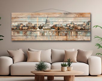 May include: Panoramic wall art depicting the Washington D.C. skyline, including the Capitol Building and Washington Monument, rendered in muted tones. The artwork is printed on wooden planks, creating a rustic aesthetic. The image is a landscape orientation.