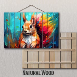 Wood Wall Art - Cute Squirrel Abstract Painting Printed on Natural Wood, Colorful Squirrel Wall Art, Kids Room Wall Decor, Wood in Interior