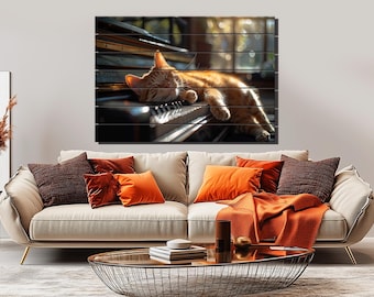Wood Wall Art - Cat Sleeping On Piano Print On Natural Wood