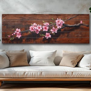 Sakura Branch in Bloom Painting Printed on Natural Wood, Japanese Cherry Blossom Print, Japanese Wall Art, Japanese Decor, Wood Wall Art