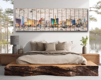 Rustic Las Vegas Skyline Print on Natural Wood, Vintage Las Vegas Wall Art