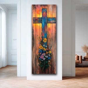 Rustic Cross with Wildflowers Painting Printed on Natural Wood – Christian Print on Wood, Religious Wall Art, Christian Wall Decor