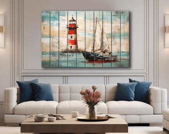 Lighthouse and Sailboat Print on Natural Wood – Coastal Nautical Wall Art