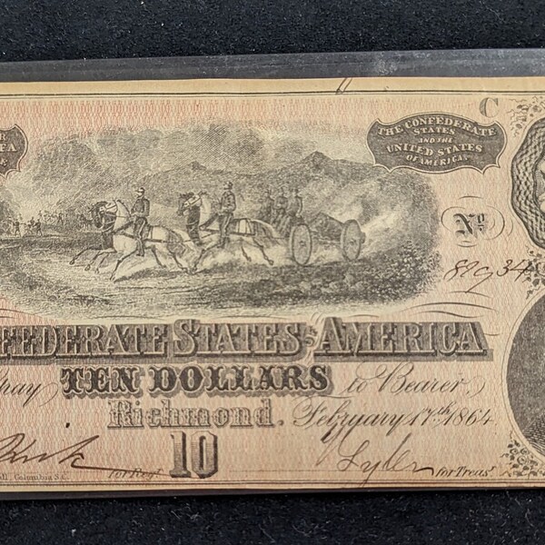 1864 Confederate ten Dollar bill Richmond T-68 artillery note  bin 1