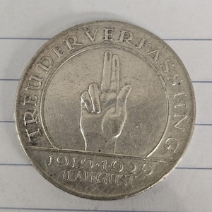 3 Reichsmark Silver Coin 1919 to 1929 Hindeburg bin#2