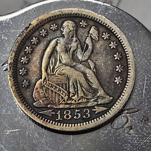 1853 Zittend Liberty Dime met pijlen en prachtige kleurbak #5