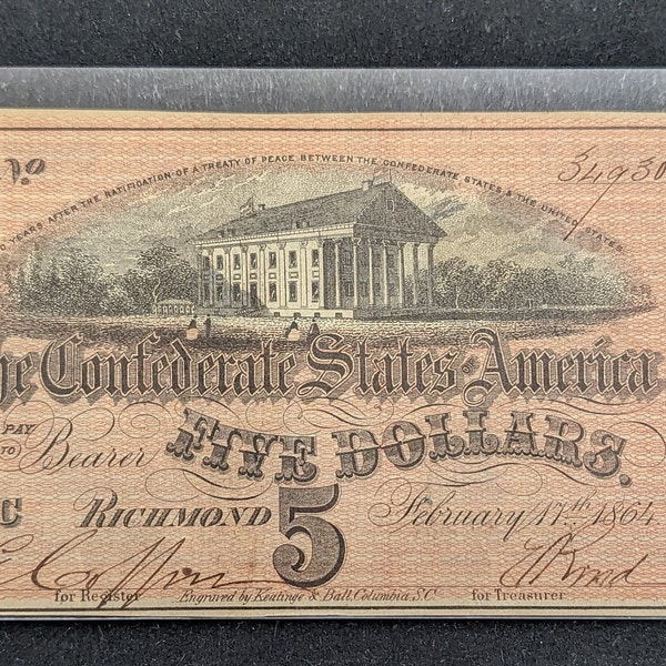1864 Confederate five Dollar bill Richmond T-69  bin 1