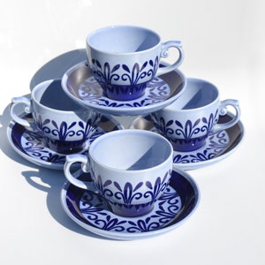 4 cup and saucers Royal Sphinx Maastricht handpainted Dutch cobalt folklore blue decoration retro vintage porcelain Holland