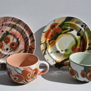 Krakow Poland Coffee Tea Cup and Saucer Hand Made Teo Niki Colorful Ceramic