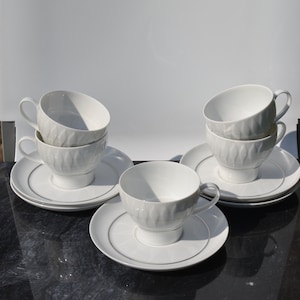 5 White Platinum / Silver Thomas Lanzette Cups and Saucers Germany designed by Tapio Wirkkala