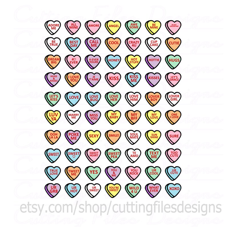 Download 70 Valentine Candy Hearts SVG Cutting Files also includes ...