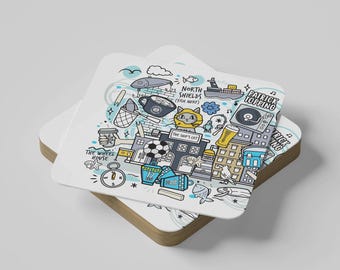 North Shields - Set of 2 Illustrated Themed Coasters - Coaster Gift Set - Nautical North East