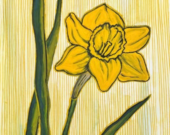 Pintura original de narciso en gouache: bodegón floral, arte A5 sin marco