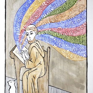 May include: A watercolour illustration of a monk sitting at a desk with a quill pen in hand, writing on a piece of paper. The monk is wearing a brown robe and has a beard. A white cat sits on the floor next to the desk. The background is a colourful rainbow of text in Latin.