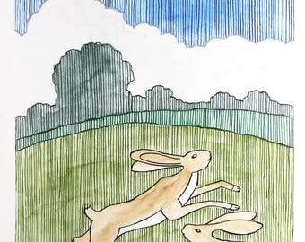 Hares - - Original Gouache Painting on Paper - Unframed - Wall Art