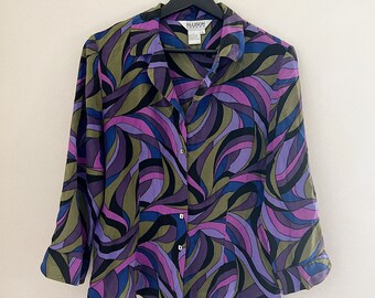 Vintage Women's Blouse / Button Up Blouse / Chiffon / Purple Patterned Button Up / Pucci Inspired / Pucci Inspired Print Button Up Blouse