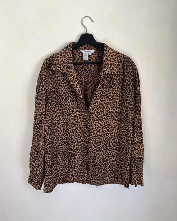 Tied Button Up Leopard V-Neck Blouse