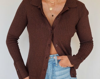 Vintage Women's Cardigan / Button Up Cardigan / Ribbed Sweater / Brown Collared Sweater / Brown Collared Cardigan
