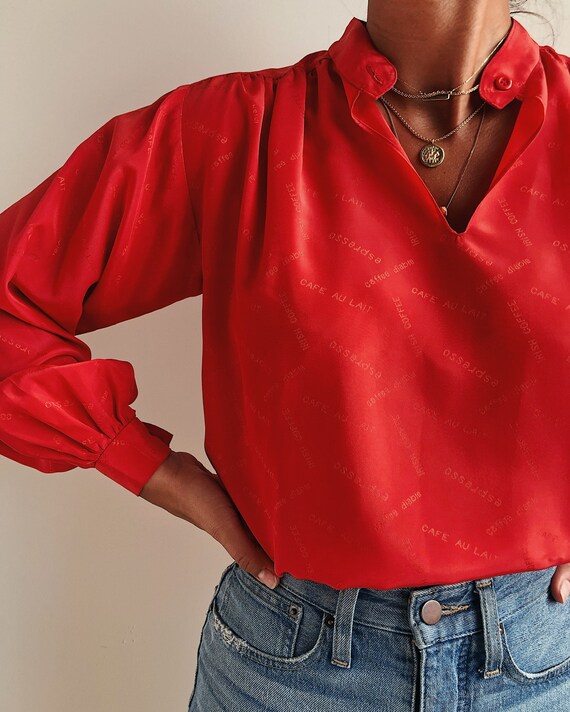 Red Vintage Blouse / Women's Coffee Theme Blouse … - image 6