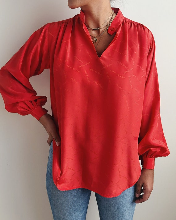 Red Vintage Blouse / Women's Coffee Theme Blouse … - image 4