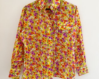 Vintage Yellow Floral Button Up Blouse / Vintage Floral Blouse / 1970's Fashion Yellow Floral Button Up Blouse / Vintage Floral Blouse