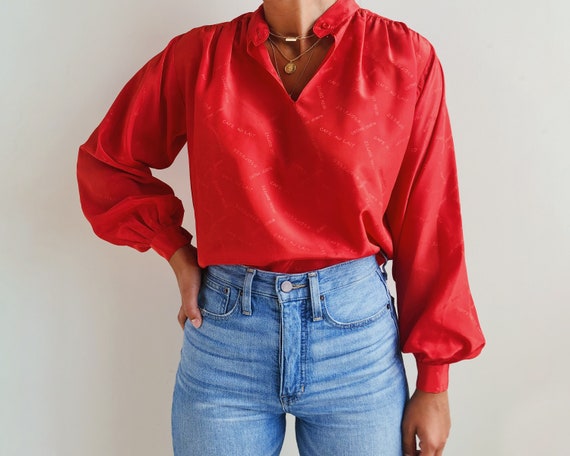 Red Vintage Blouse / Women's Coffee Theme Blouse … - image 1