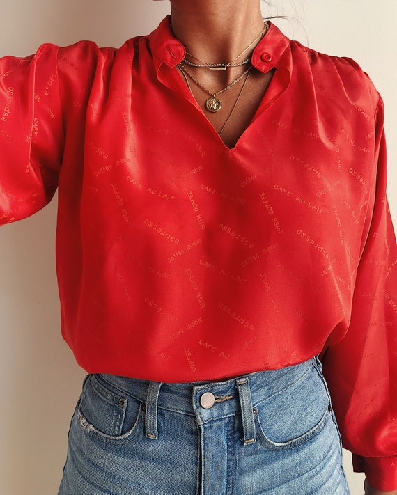 Red Vintage Blouse / Women's Coffee Theme Blouse … - image 2