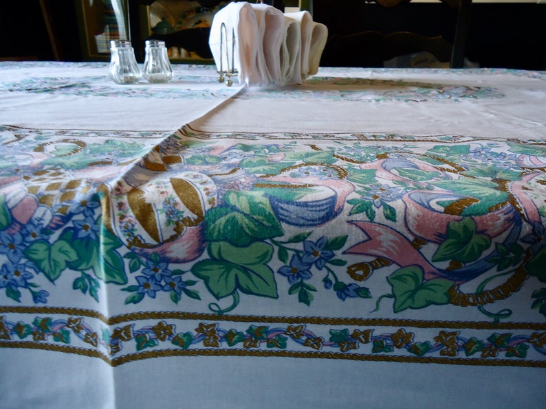 Vintage Easter Tablecloth Extra Long Rectangle Eggs With Ribbons Gold