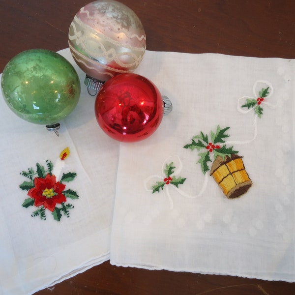 vintage Holiday Handkerchiefs Christmas Themed set of 2 in original box