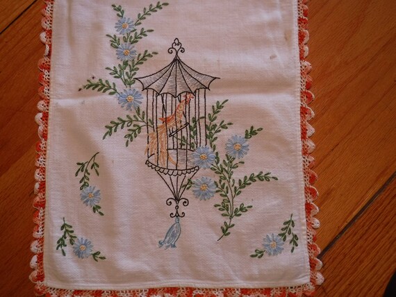 Vintage Linen Table Runner Dresser Scarf Hand Embroidered Etsy