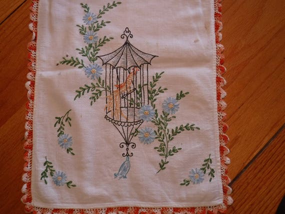 Vintage Linen Table Runner Dresser Scarf Hand Embroidered Etsy