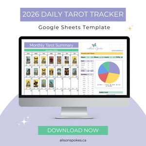 May include: A computer screen shows a 2026 Daily Tarot Tracker Google Sheets Template. The display features a monthly tarot summary for January 2023, including a pie chart and a calendar with tarot card illustrations. The text "Download Now" is visible on the screen.