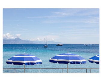 Beach Photography Art Print – French Riviera – Blue Beach Umbrellas Wall Art – Oversize Horizontal Acrylic Glass Print – Coastal Wall Decor