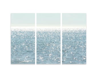 Large Acrylic Glass Wall Art - Oversized Ocean Photography Triptych - 3 Piece Living Room Wall Decor - Set of 3 Glittering Water Art Panels