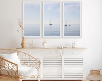 Framed Sailboat Seascape Triptych – Coastal Nautical Wall Art – Large Set of Three Prints