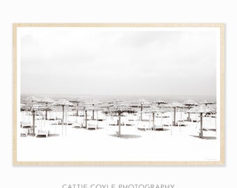 Black and White Beach Photography Fine Art Print - Framed Wall Art - Office Decor - Extra Large Wall Art - Nostalgic Beach Umbrellas Art