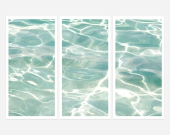 Zestaw 3 wydruków – Fotografia oceaniczna w dużym formacie – Duża oprawiona sztuka ścienna z wieloma panelami – Abstrakcyjny tryptyk z turkusową wodą – Wystrój domu na plaży