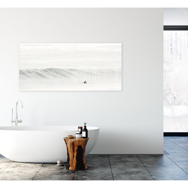 Surfing Photography Panoramic Acrylic Glass Print - Minimalist Surf Art - Large Acrylic Wall Art - Man Cave Decor - Surfer and Ocean Wave