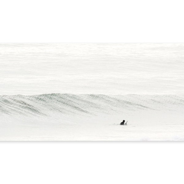 Surfing Photography Panoramic Fine Art Print - Minimalist Framed Surf Art - Large Canvas Wall Art - Man Cave Decor - Surfer and Ocean Wave